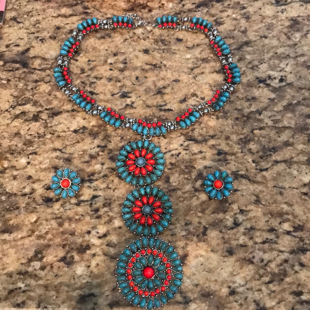 Turquoise look &coral look Earring-and necklace